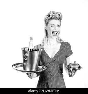 Pinup catering waiter with champagne and service tray. Restaurant serving presentation concept. Stock Photo