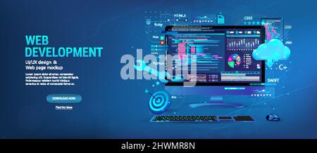 Creation and development of web sites. 3D web banner template development Web and App Stock Vector