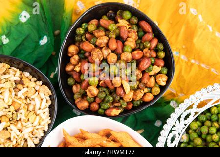 Salted Namkeen Mixed Nuts Mixture Namkin Or Chakhna Is Made Of Roasted Chickpeas Chana Peanuts Mungfali Moongfali Green Peas Hara Matar. Enjoyed On Ho Stock Photo