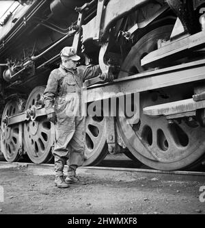 Engineer oiling his engine before going out from the Clyde yard, Chicago, Burlington and Quincy Railroad, Cicero, Illinois, USA, Jack Delano, U.S. Office of War Information/U.S. Farm Security Administration, May 1943 Stock Photo