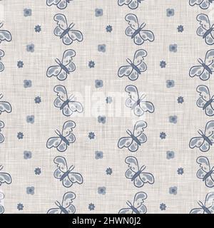 Farmhouse blue butterfly linen seamless pattern. Tonal french country cottage style farm animal background. Simple vintage rustic fabric textile Stock Photo