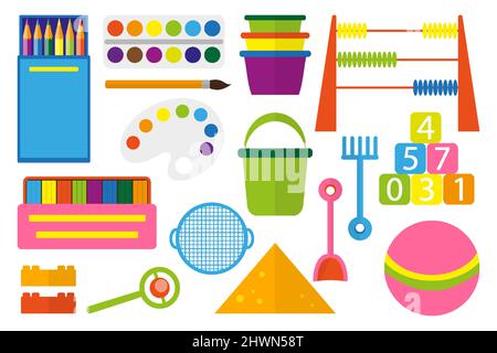 Children toy logic develop creative active game. Outdoor fun Montessori early childhood development system preschool kid colored drawing object sport finemotor skill modeling sandbox isolated hite Stock Vector