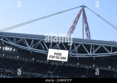 Turin, Italy, 6th March 2022. A message of Peace and a request to Stop the war is projected on the stadium screen prior to kick off in the Serie A match at Allianz Stadium, Turin. Picture credit should read: Jonathan Moscrop / Sportimage Stock Photo