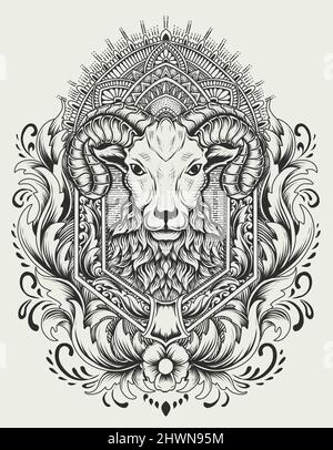 Illustration vector Sheep's head with vintage engraving ornament Stock Vector