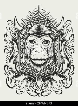 Illustration vector monkey head with vintage engraving ornament Stock Vector