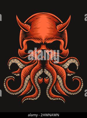 illustration vector skull octopus on black background Stock Vector