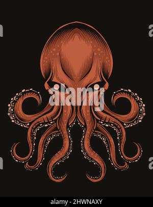illustration vector octopus on black background Stock Vector