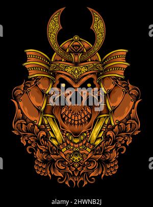 illustration vector samurai skull head with engraving ornament Stock Vector
