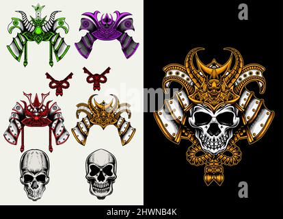illustration vector set samurai skull helmet Stock Vector