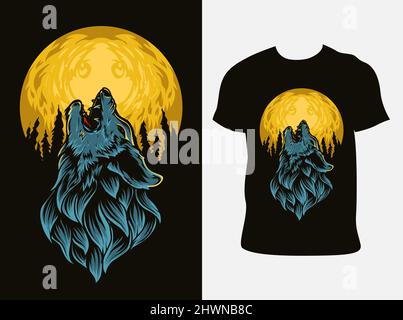 illustration vector wolf roaring on the moon with t shirt design Stock Vector
