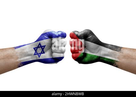 Two hands punch to each others on white background. Country flags painted fists, conflict crisis concept between israel and palestine Stock Photo