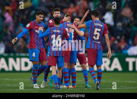 Elche, Spain. 6th Mar, 2022. Barcelona's Players celebrate scoring during the La Liga match between Elche and FC Barcelona at Martinez Valero stadium in Elche, Spain, March 6, 2022. Credit: Str/Xinhua/Alamy Live News Stock Photo