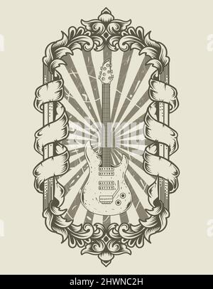 illustration vector electric guitar on vintage ornament Stock Vector