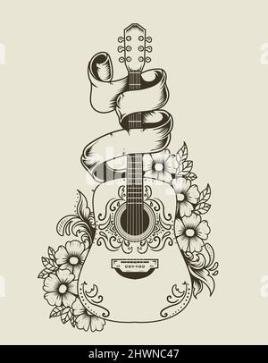 illustration vector acoustic guitar with flower ornament Stock Vector