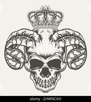 illustration vector demon skull head with crown Stock Vector