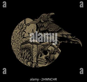 illustration vector dark crow bird with skull Stock Vector