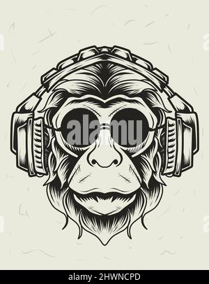 illustration vector monkey headphones head monochrome style Stock Vector