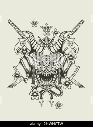 illustration vector samurai head monochrome style Stock Vector