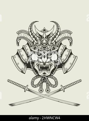illustration vector samurai head monochrome style Stock Vector