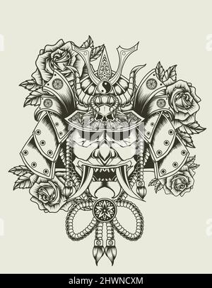 illustration vector samurai head with rose flower Stock Vector