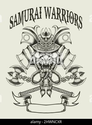 illustration vector samurai head monochrome style Stock Vector