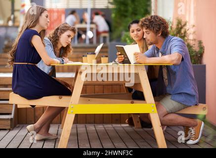 Were going to ace that test. A shot of university students studying on campus. Stock Photo