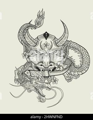 illustration vector oni mask with Dragon Stock Vector