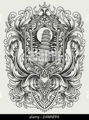Illustration vector Tower of pisa with vintage engraving ornament Stock Vector