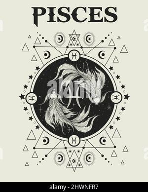 illustration Pisces zodiac symbol monochrome style Stock Vector