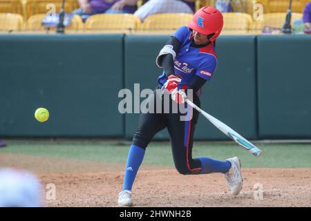 Baton Rouge, LA, USA. 6th Mar, 2022. Louisiana Tech's Aleya Hill (3) tries for a hit during NCAA Softball action between the Louisiana Tech Bulldogs and the LSU Tigers at Tiger Park in Baton Rouge, LA. Jonathan Mailhes/CSM/Alamy Live News Stock Photo