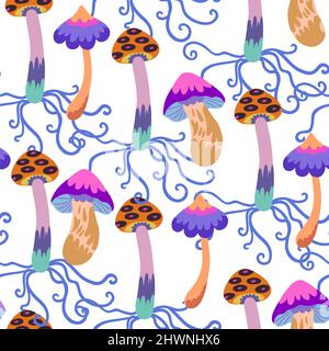 Seamless pattern with psychedelic and fairy colorful mushrooms. Vector hand drawn illustration. Stock Vector