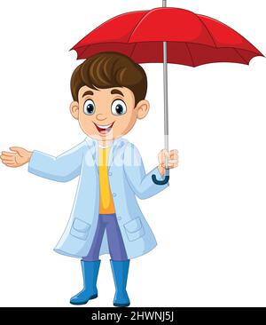 Cartoon happy little boy holding an umbrella Stock Vector