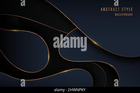 Abstract luxury style of smooth shape gradient blue template. Overlapping golden line decoration artwork background. Stock Vector