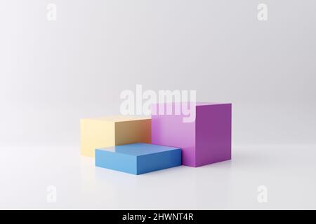 Pastel colored pedestals or platforms in cube shape with white studio background for product display. Empty showcase stand backdrop for product presen Stock Photo