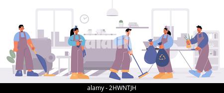 Cleaning service staff work in living room. Vector flat illustration of home interior with professional housework people in uniform with vacuum cleaner, broom, spray and trash bags Stock Vector