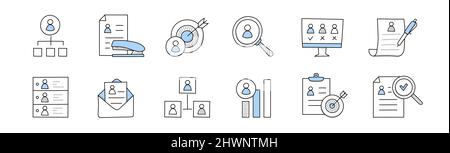 Business HR doodle icons. Concept of company human resources, recruitment employees and team members, search staff. Vector hand drawn signs with people, candidate cv, target and magnifier Stock Vector