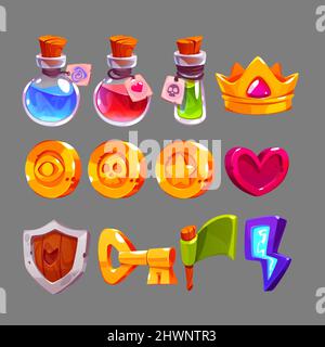 Game icons with heart, lightning, key, crown, gold cup and star