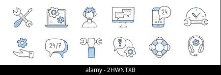 Customer support doodle icons crossed wrench and screwdriver, laptop with gears on screen, operator in headset, smartphone and pc with speech bubbles, life buoy, hand, Line art vector illustration Stock Vector