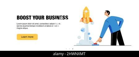 Boost your business web banner. Startup success, launch project concept with man push on start button and rocket fly up. Management and development innovation, Line art flat vector footer or header Stock Vector