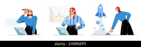 Startup successful launch business project boost. Employee man push on start button and rocket fly up. Manager woman analysing company statistics on laptop in office, Line art flat vector illustration Stock Vector