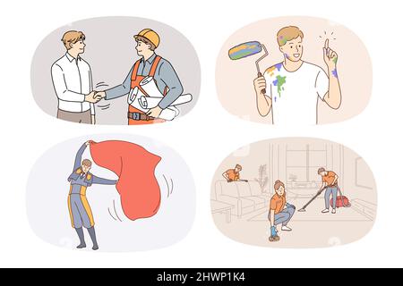 Collection of people jobs and careers. Set of persons having different occupations and professions. Employment. Architect, painter, toreador and housekeeper. Vector illustration.  Stock Vector