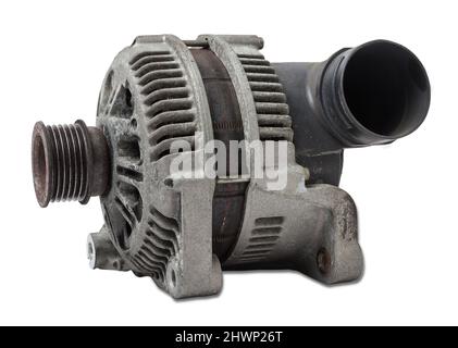 Car generator, car electrical network element on white background, generator details close-up. Spare auto parts for repair. Stock Photo