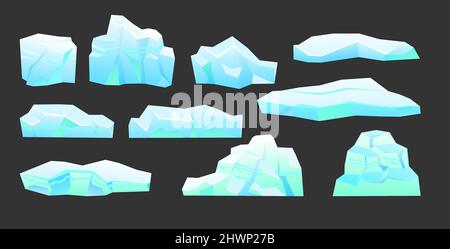 Ice block set. Pieces of frost ice floe. Winter freeze objects. Isolated on black background. Vector Stock Vector