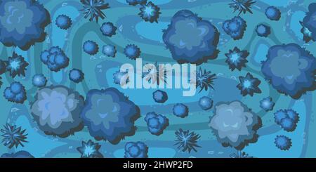 Night plant landscape top view. Wild forest trees and bushes. Dark twilight garden. Seamless pattern Illustration in flat design. Vector Stock Vector