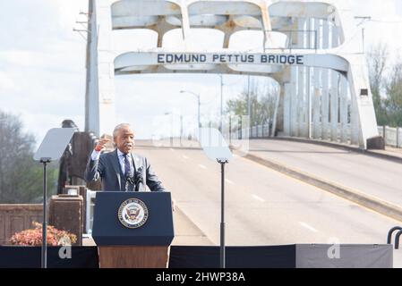 Rev. Al Sharpton, President & Founder of National Action Network, makes remarks before accompanying United States Vice President Kamala Harris on their ceremonial crossing of the Edmund Pettus Bridge in Selma, Alabama to commemorate the 57th anniversary of Bloody Sunday on March 6, 2022. Photo by Andi Rice/Pool via CNP//BACAPRESS.COM Stock Photo