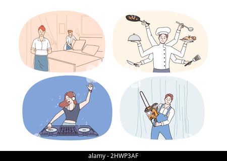 Set of people occupations and jobs. Collection of men and women having different professions and careers. Employment concept. Housekeeper, chef, dj and lumberman. Vector illustration.  Stock Vector