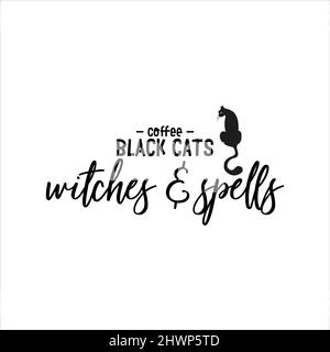 Coffee Black Cats Witches and Spells of black ink on a white background. Stock Vector