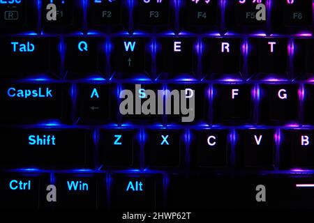 Gaming keyboard, close up. Mechanical rgb keyboard for computer games on dark backgound Stock Photo