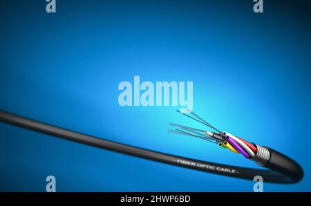 3D illustration of a fiber optic cable over blue background with copy space on the top. Stock Photo