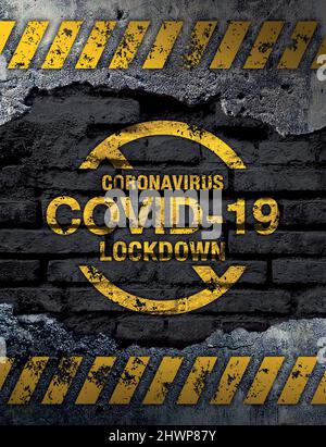 Covid-19 (Coronavirus) lockdown sign on old brick wall background Stock Photo